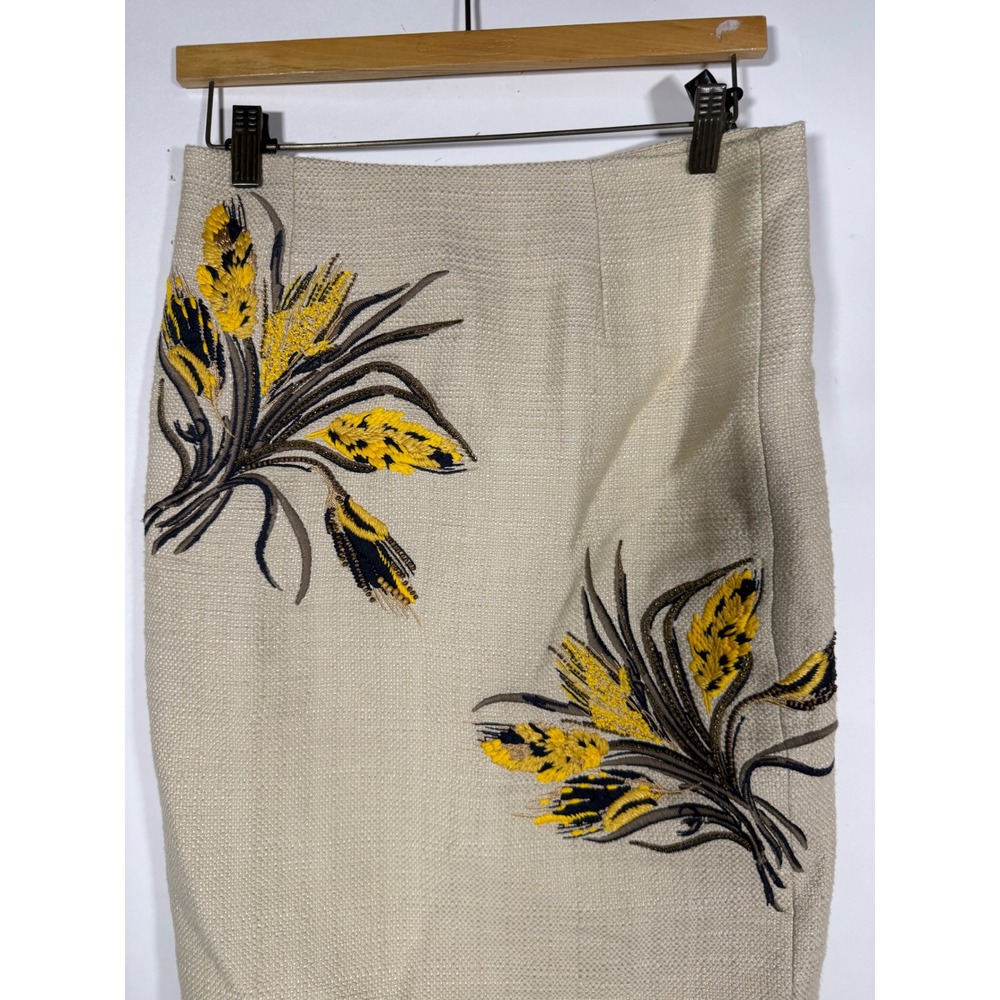 Tory Burch Beige Textured Cotton Blend Embroidered Floral Pencil Skirt Size 4